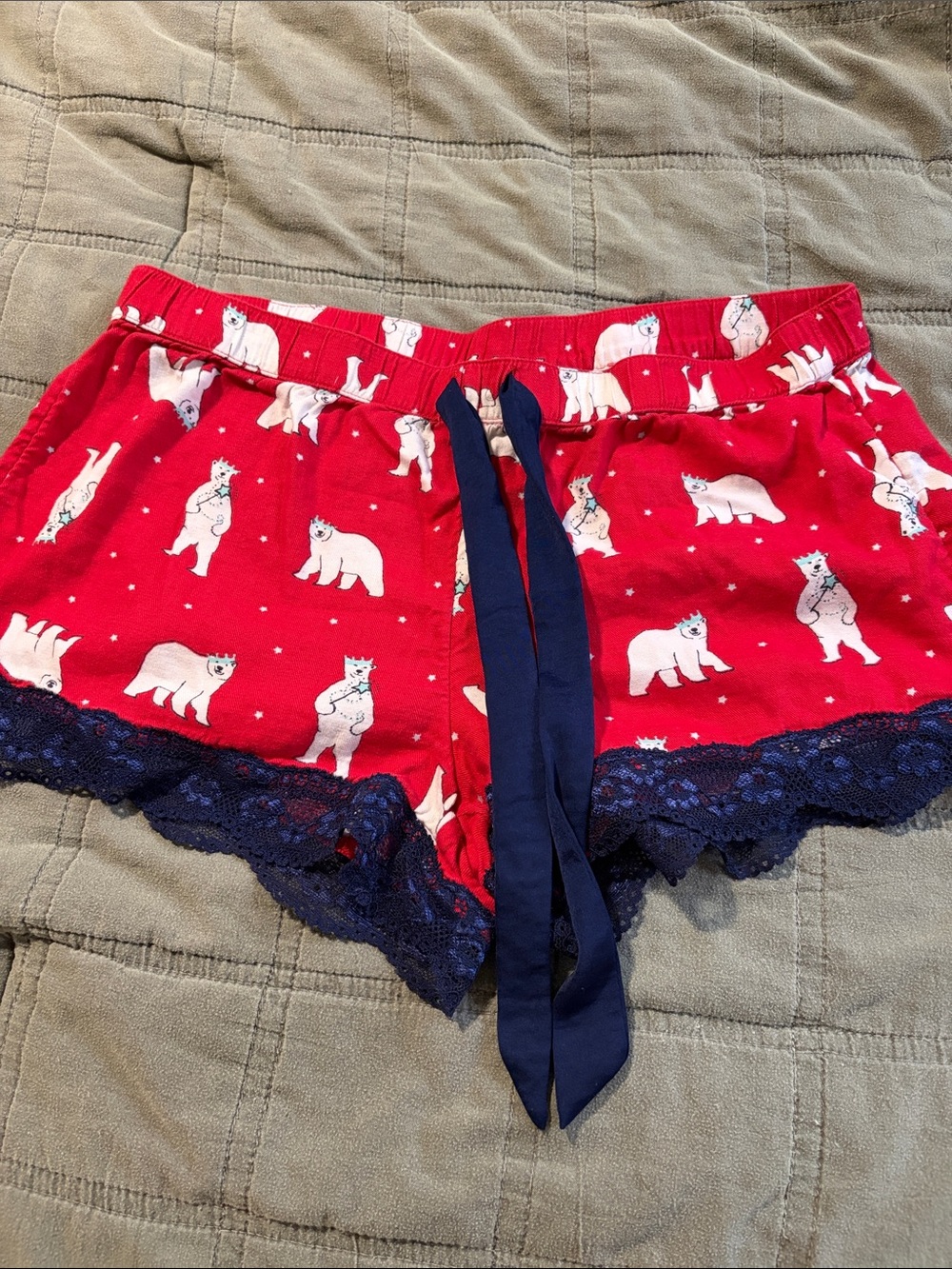 aerie Red Polar Bear Sleep Shorts with Navy Lace Trim